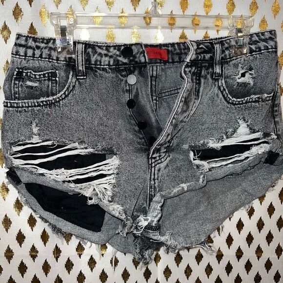 Signature 8 black acid wash distressed denim shorts high waist 5 button size M p - Picture 5 of 5